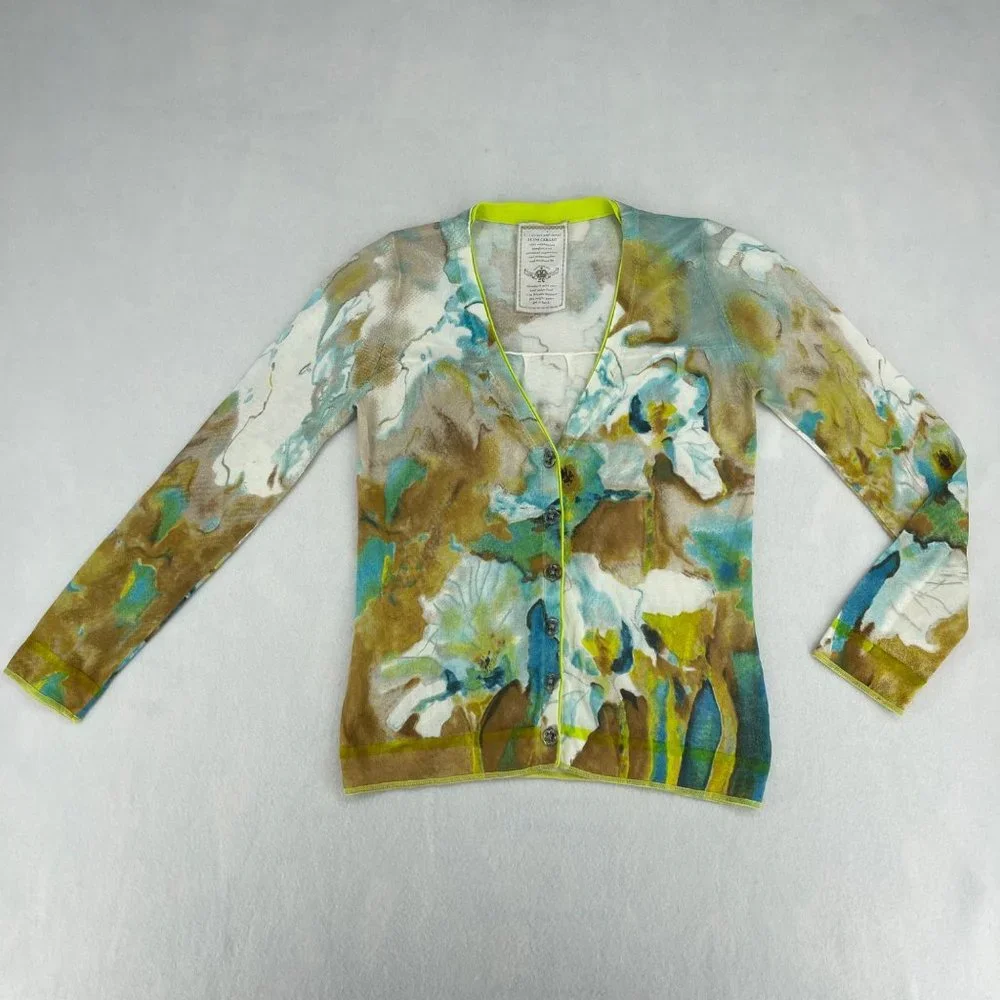 Luisa Cerano Watercolor Tye-Dye Bright Green V-neck Soft Cardigan Women's Size 6 - Picture 2 of 11